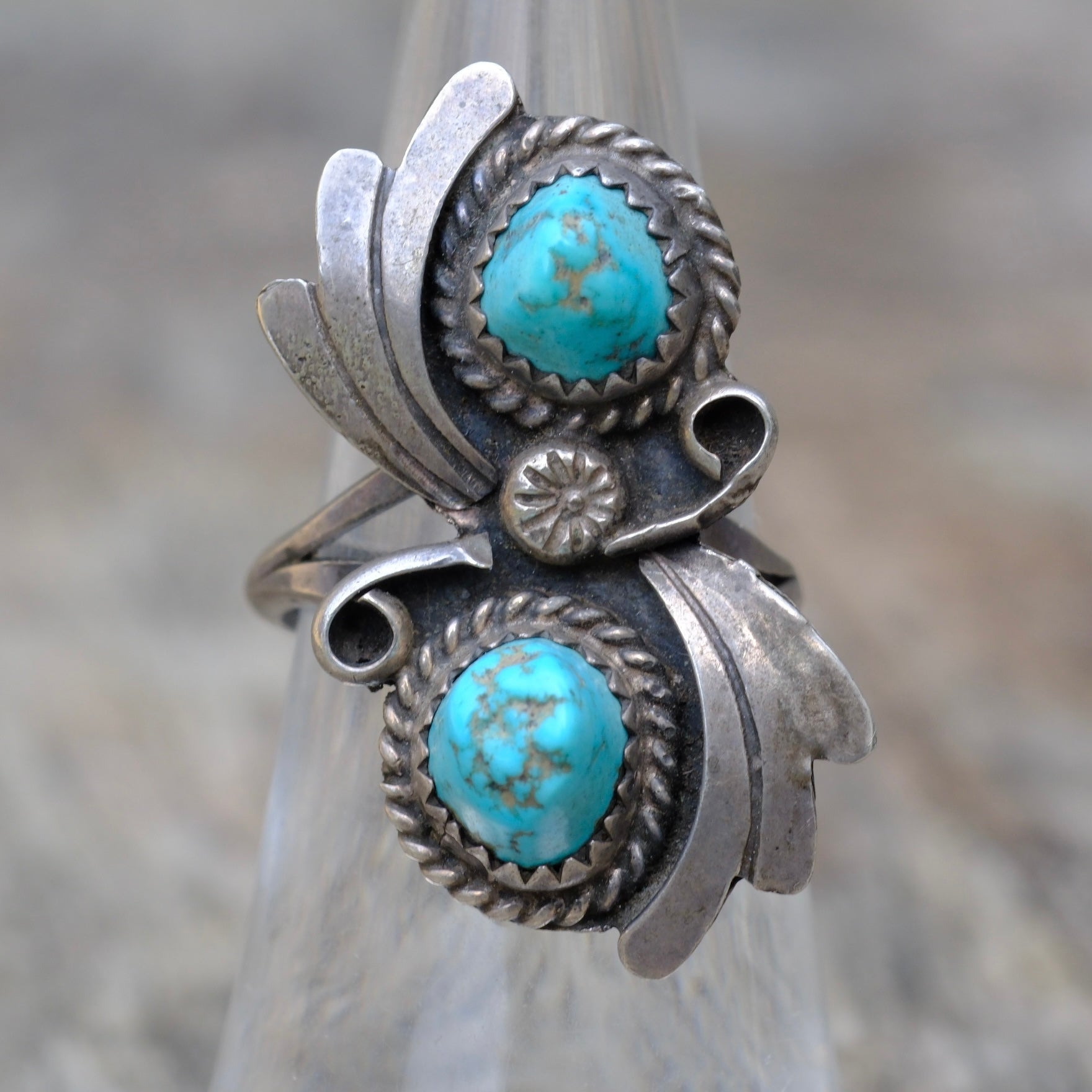 Vintage Sterling 2-Stone Turquoise Ring 6.25