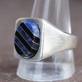 Vintage Sterling Lapis and Onyx Inlay Striper Ring 12.75
