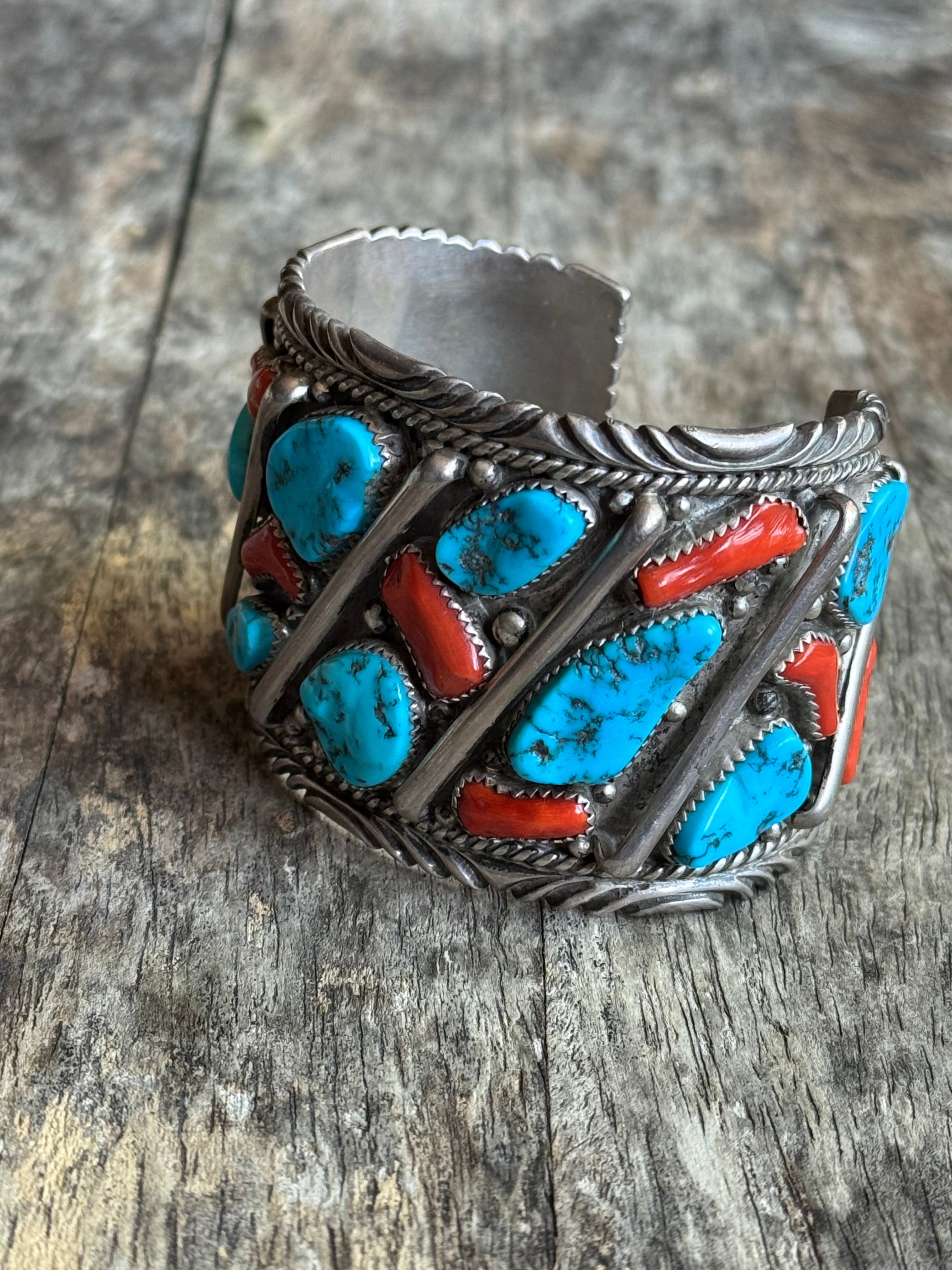 Vintage Sterling Silver Heavy Turquoise & Coral Roped Bar Cuff
