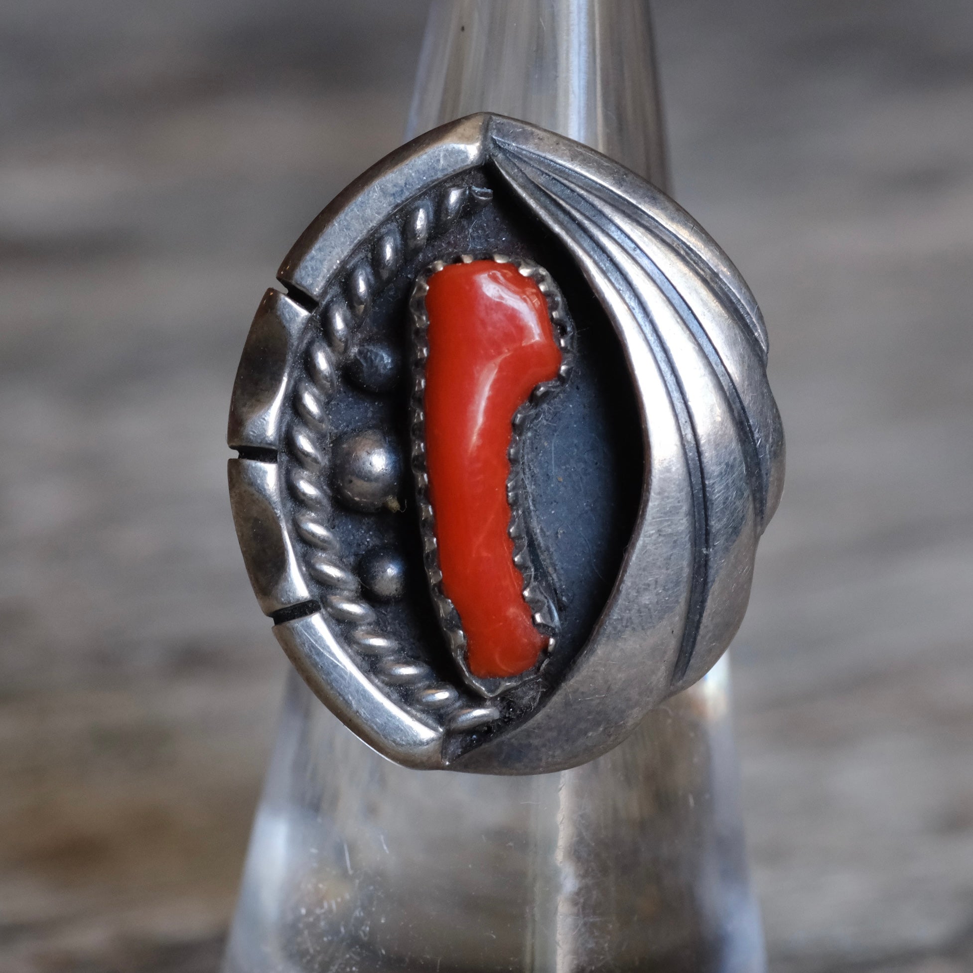 Vintage Sterling Coral Feather Ring 5