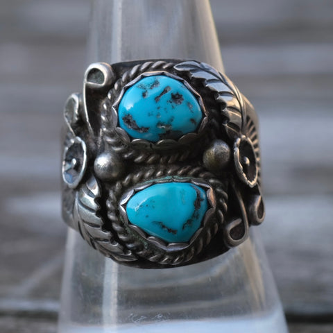 Vintage Sterling 2-Stone Turquoise Feather Ring 9.5