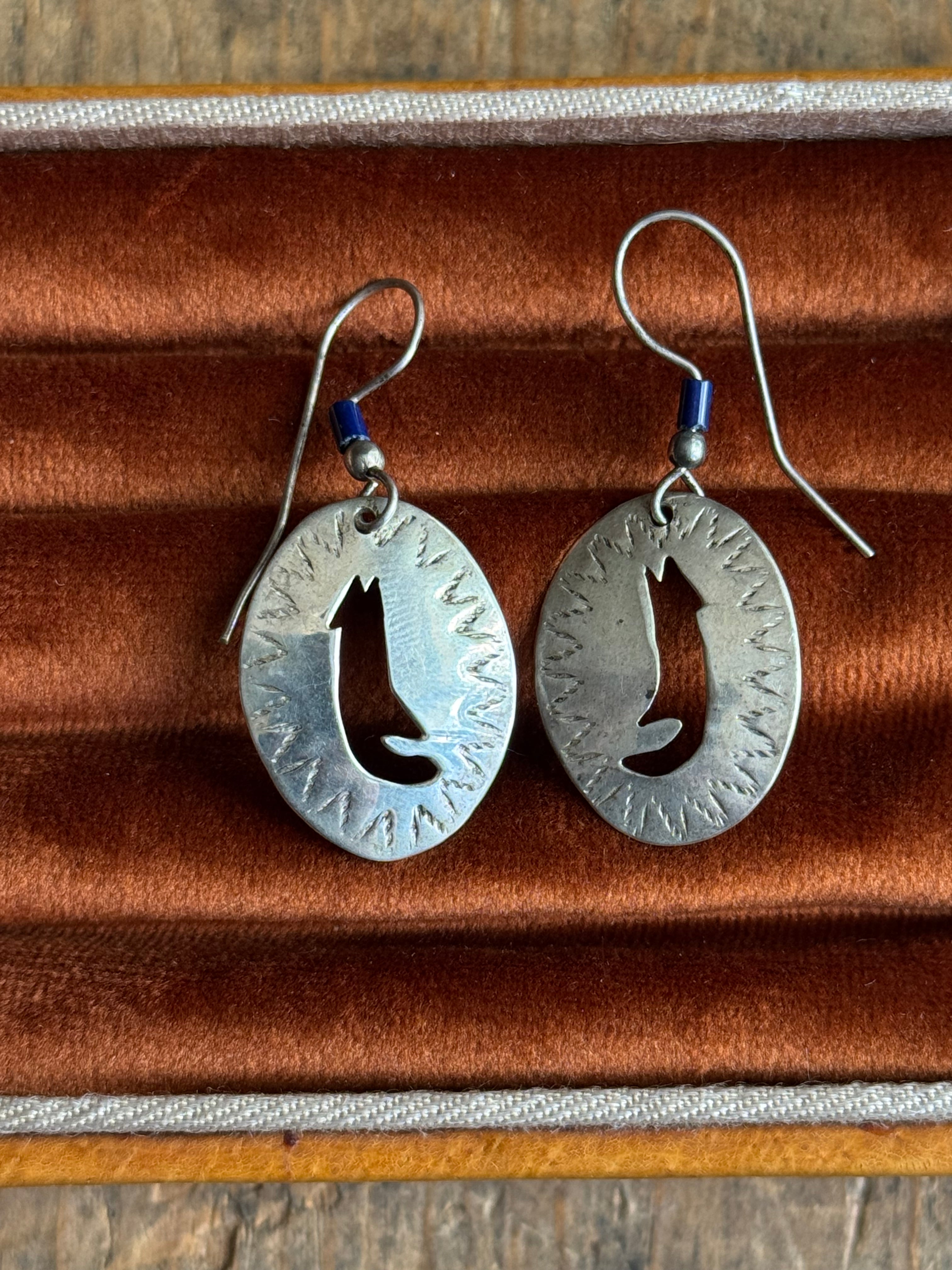 Vintage Sterling Silver Coyote & Lapis Bead Earrings