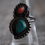 Vintage Sterling Turquoise and Coral Feather Ring 7.5