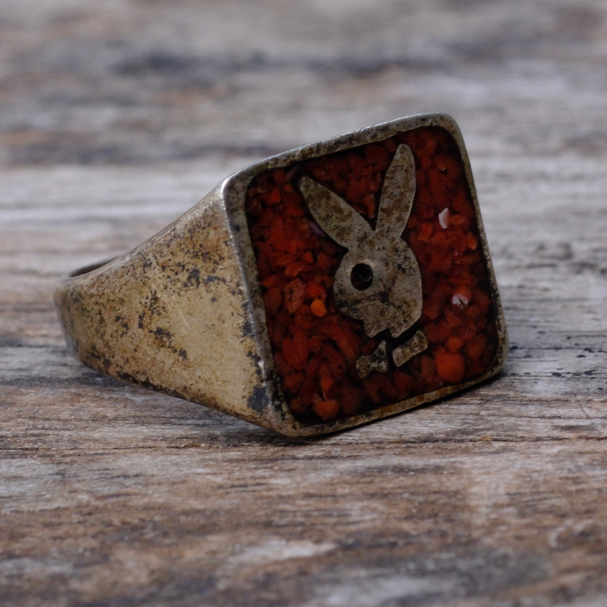 Vintage Sterling Coral Inlay Playboy Ring 10.5