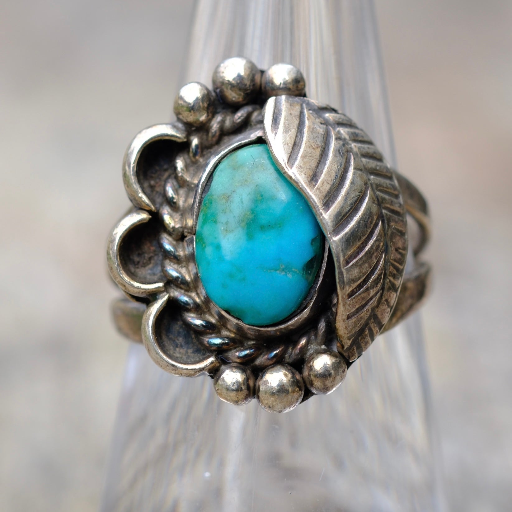 Vintage Sterling Turquoise Feather Ring 7