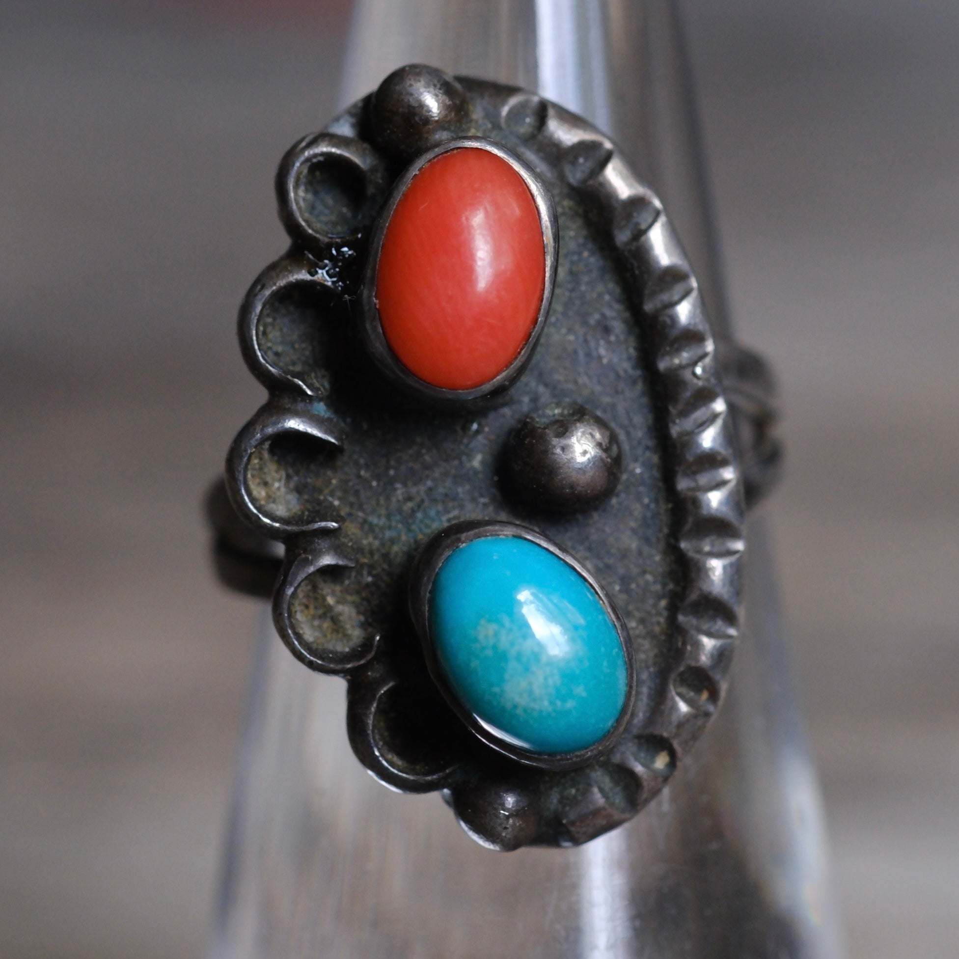 Vintage Sterling Turquoise and Coral Feather Ring 4.75