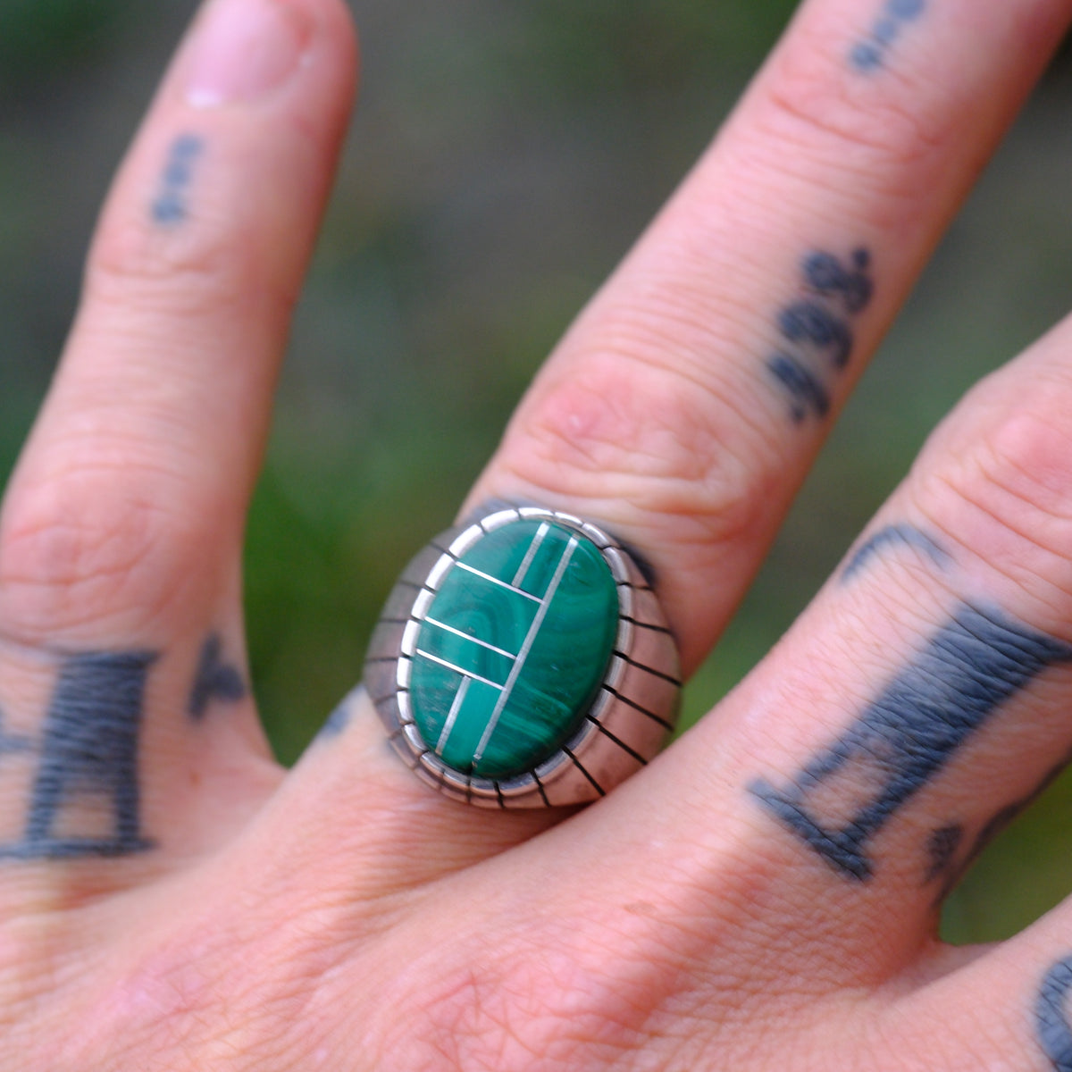 Vintage Sterling Malachite Inlay Ring 8.75