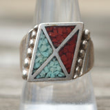 Vintage Sterling Crushed Turquoise and Coral Inlay Ring 9.75
