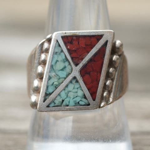 Vintage Sterling Crushed Turquoise and Coral Inlay Ring 9.75