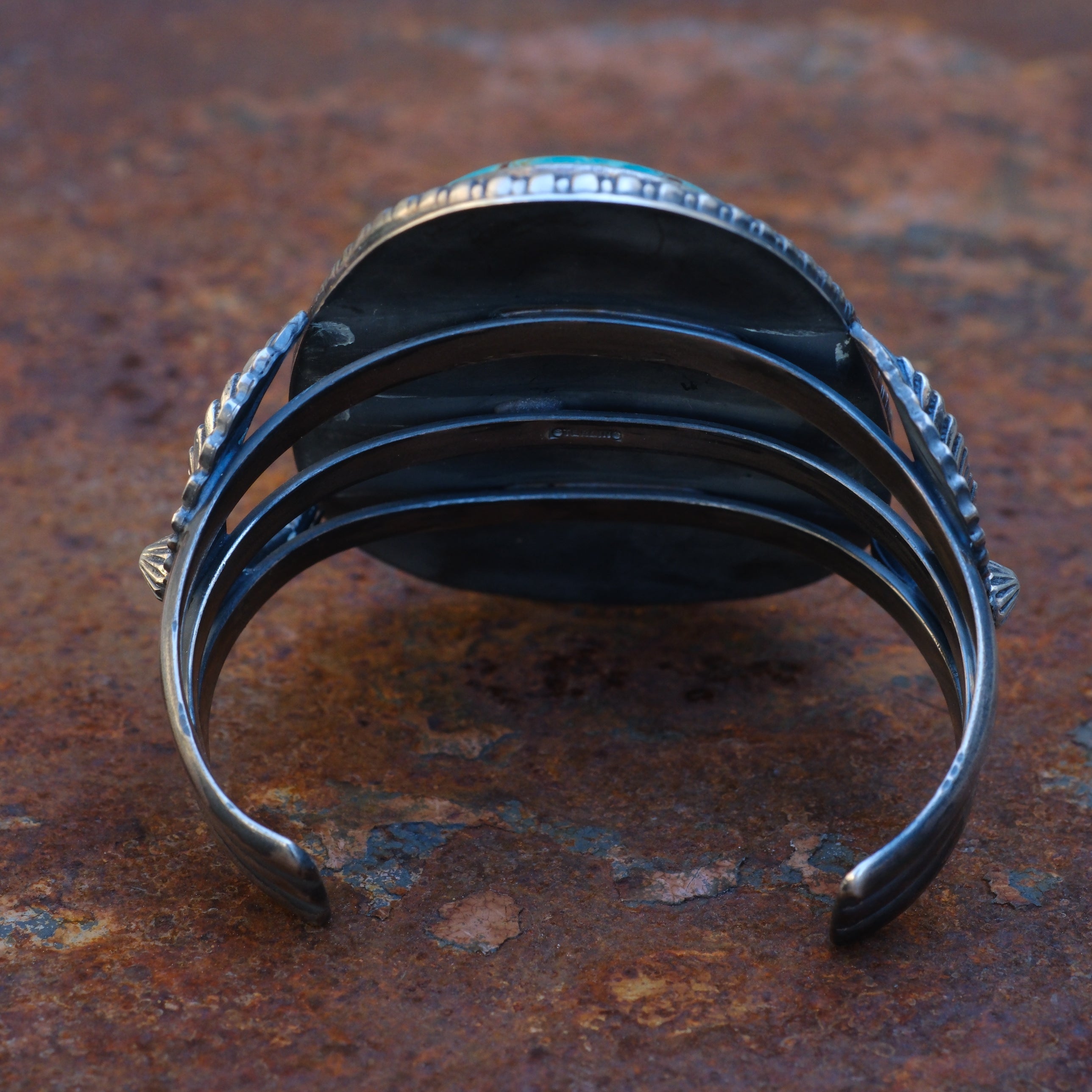 HUGE Vintage Sterling Turquoise Feather Cuff Bracelet
