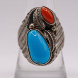 Vintage Sterling Turquoise and Coral Feather Ring 9.25