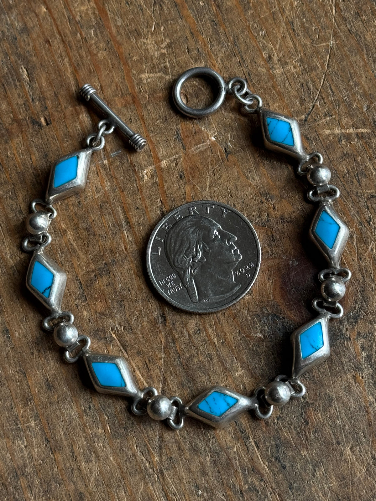Vintage Sterling Silver Turquoise Inlay Diamond Toggle Bracelet