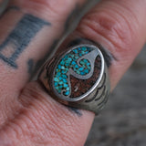 Vintage Sterling Crushed Turquoise and Coral Inlay Ring 10.25