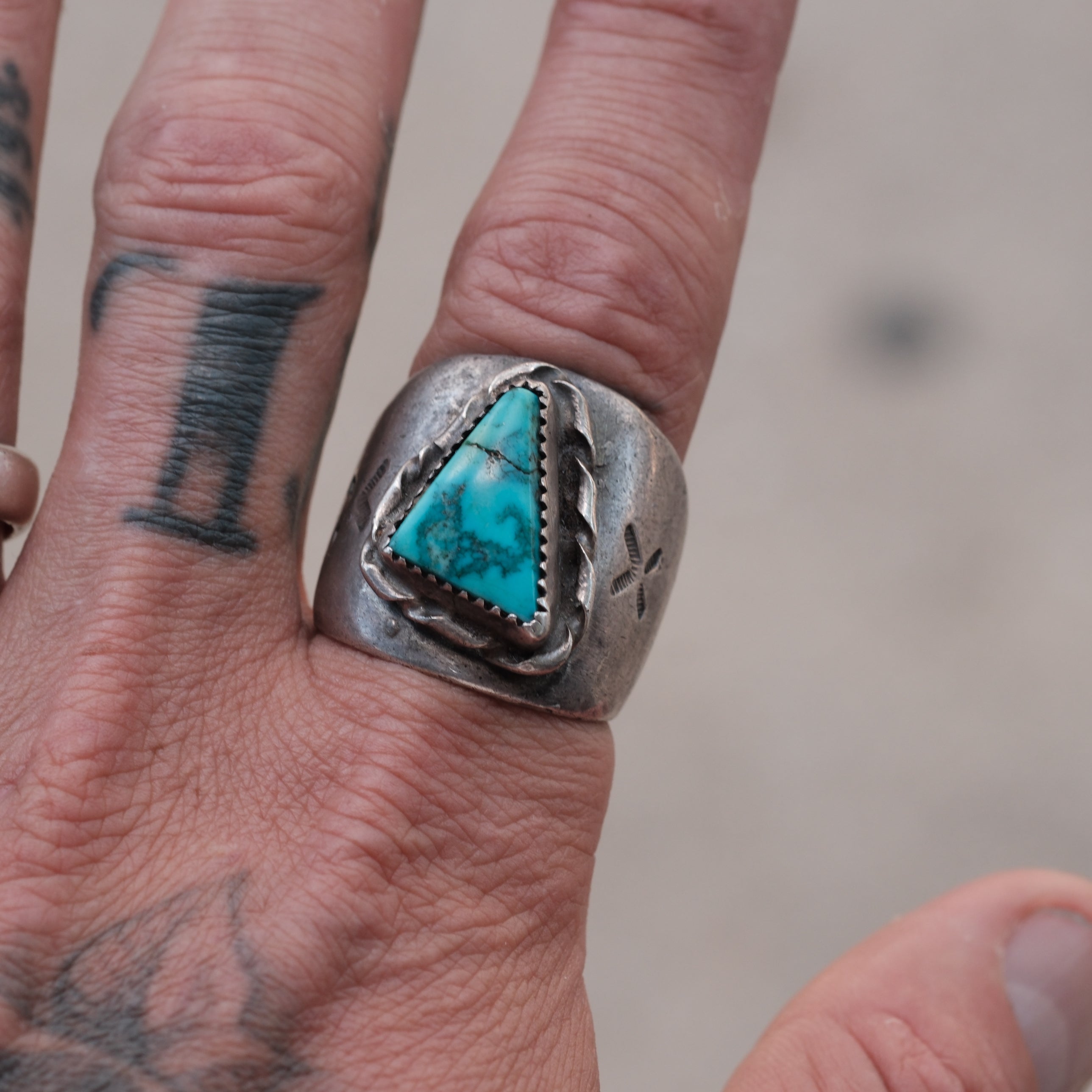 Vintage Sterling Turquoise Stamped Band Cigar Band Ring 11.25