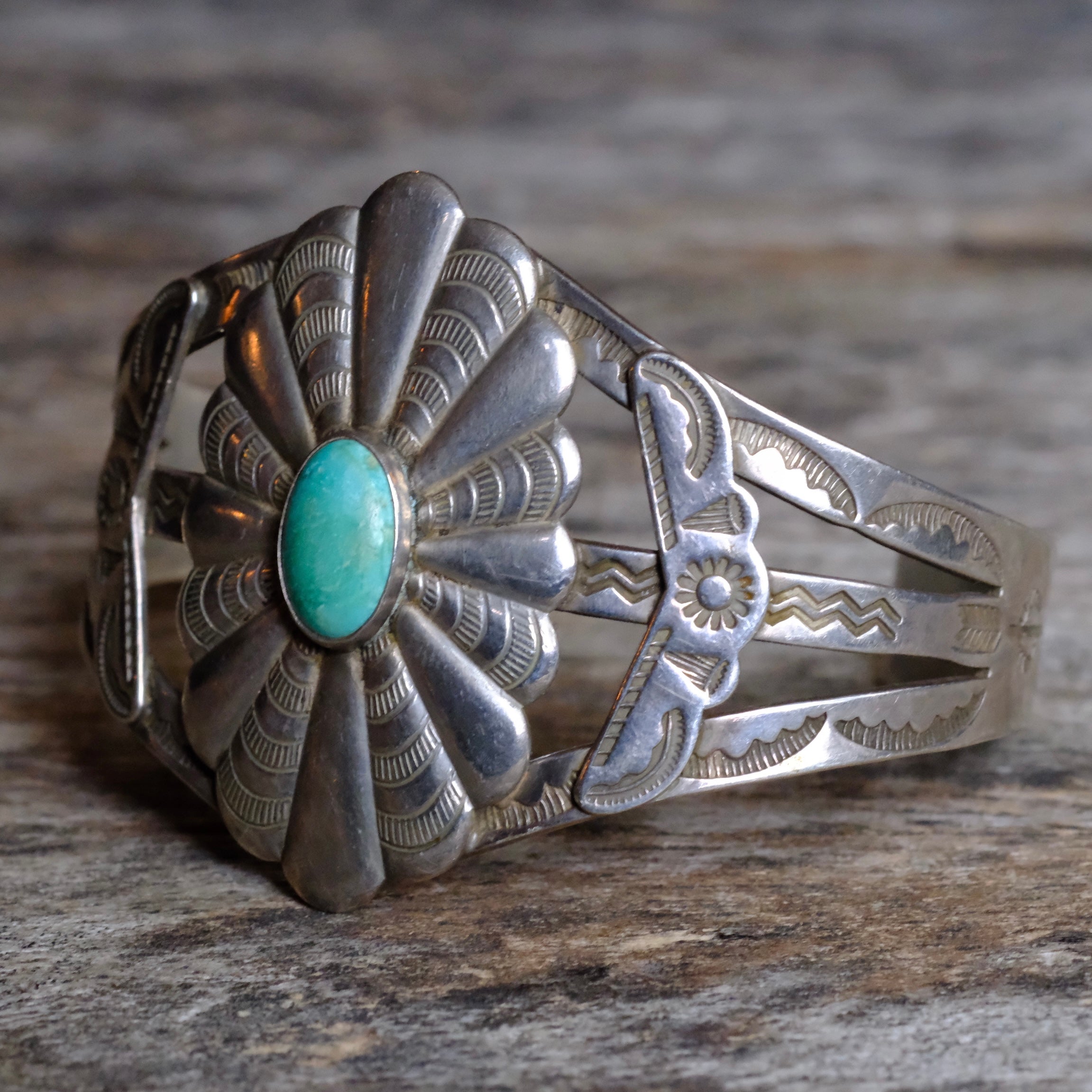 Vintage Sterling Silver Turquoise Trading Post Cuff