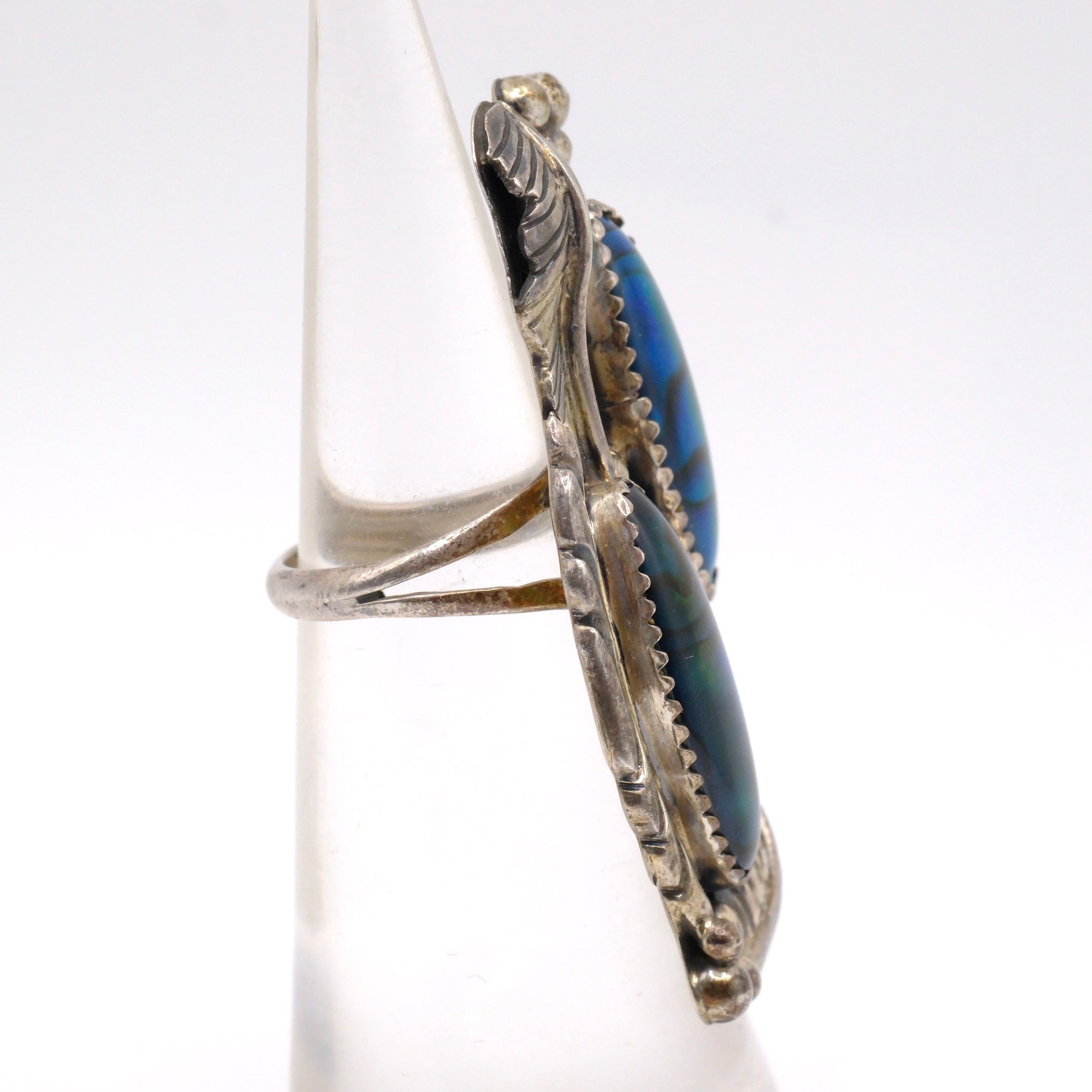Vintage Sterling Abalone Feather Ring 3.75