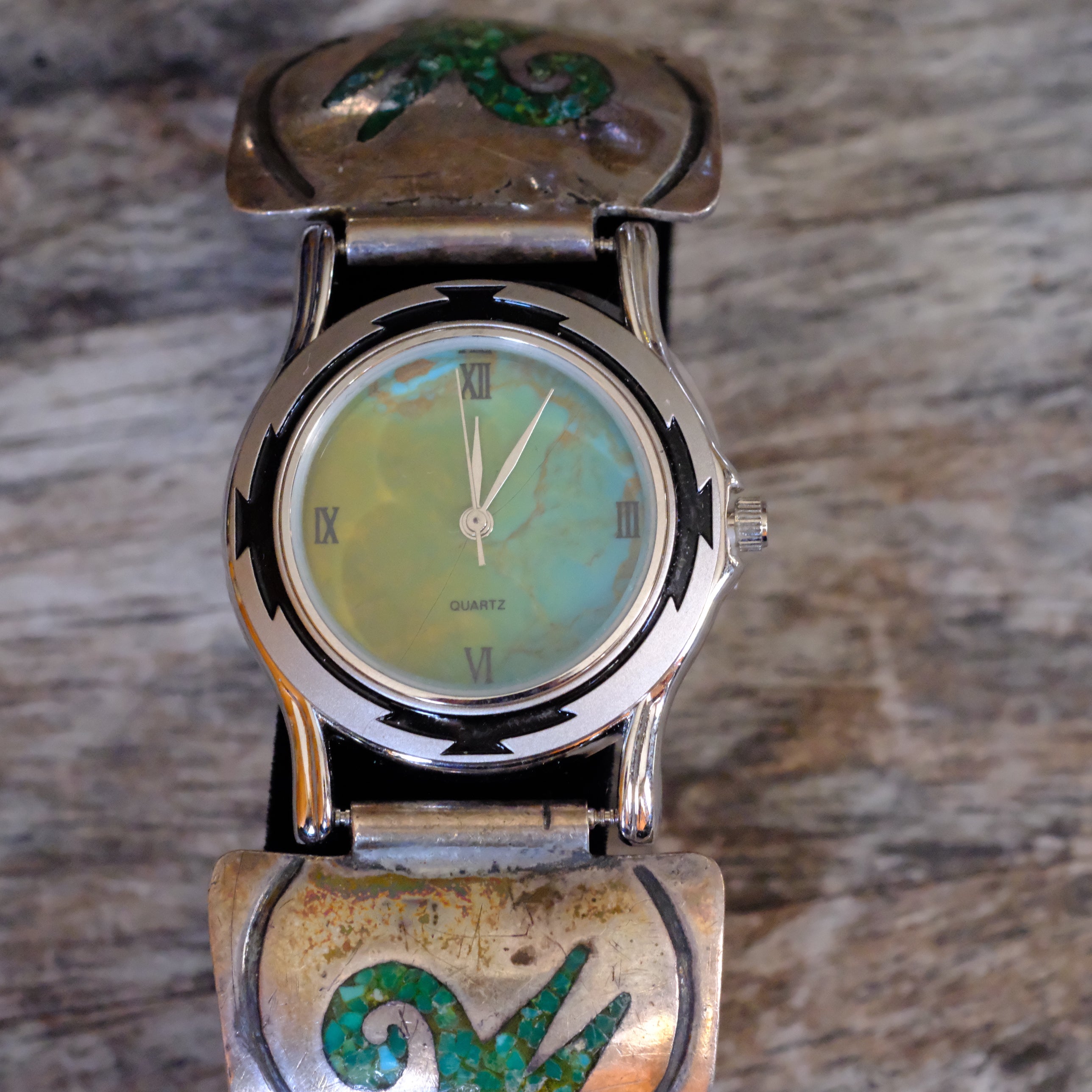 Vintage Sterling Crushed Turquoise Inlay Watch With Turquoise Dial