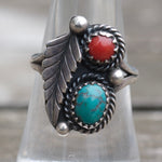 Vintage Sterling Turquoise and Coral Feather Ring 7.75