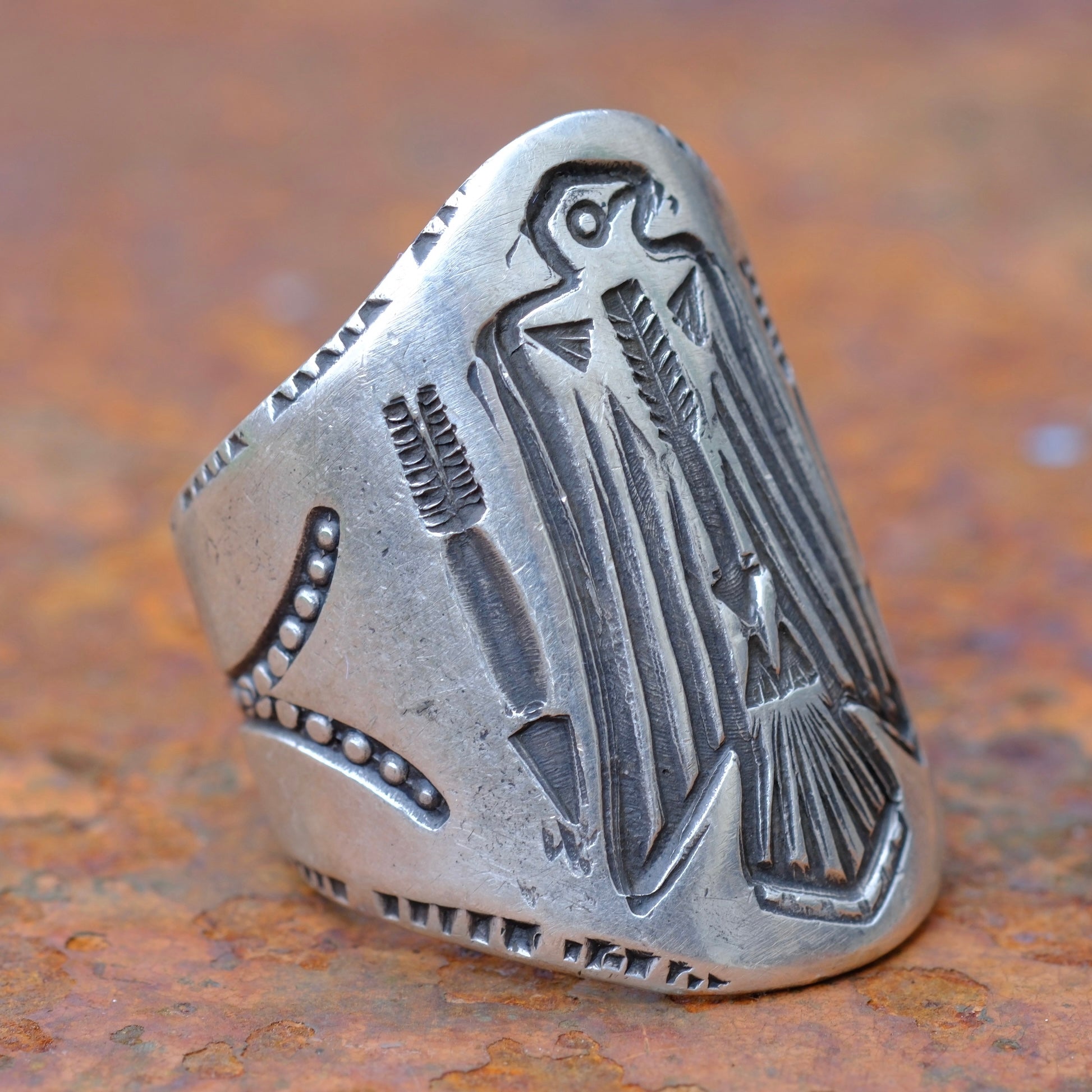 Heavy Ingot Stamped Thunderbird Cigar Band Ring 10.25