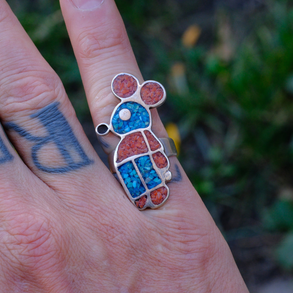 Vintage Sterling Turquoise and Coral Mickey Ring 4.75
