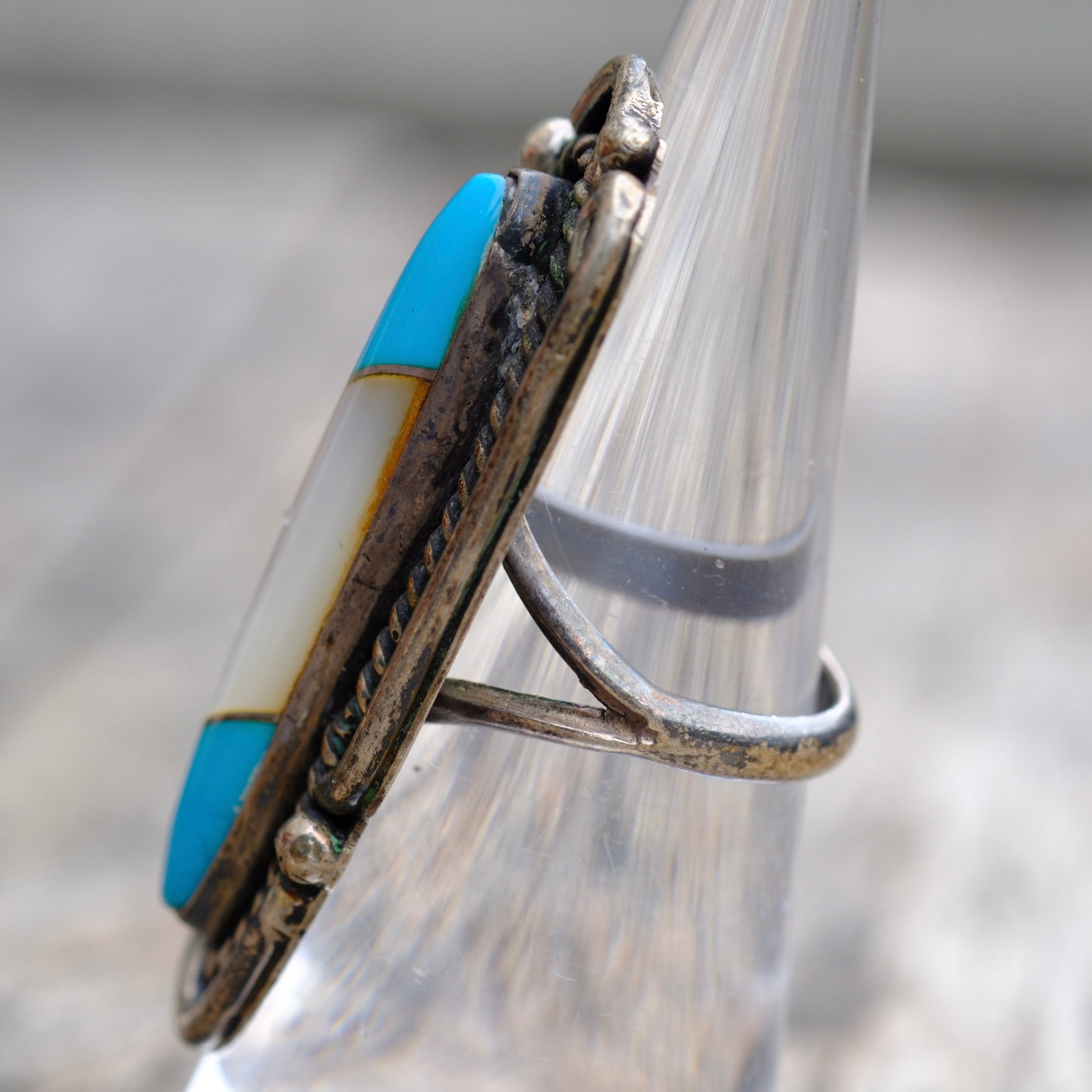 Vintage Sterling Turquoise and Mother Of Pearl Feather Ring 6.25
