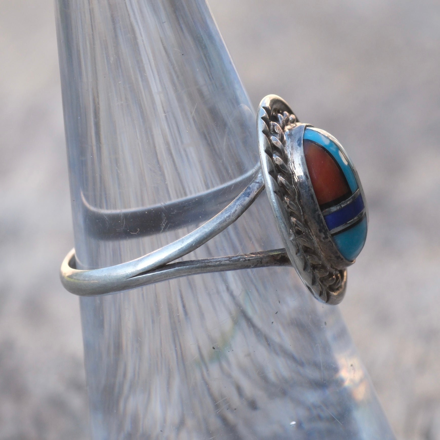 Vintage Sterling Multistone Inlay Ring 6
