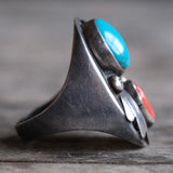 Vintage Sterling Turquoise and Coral Ring 10.25