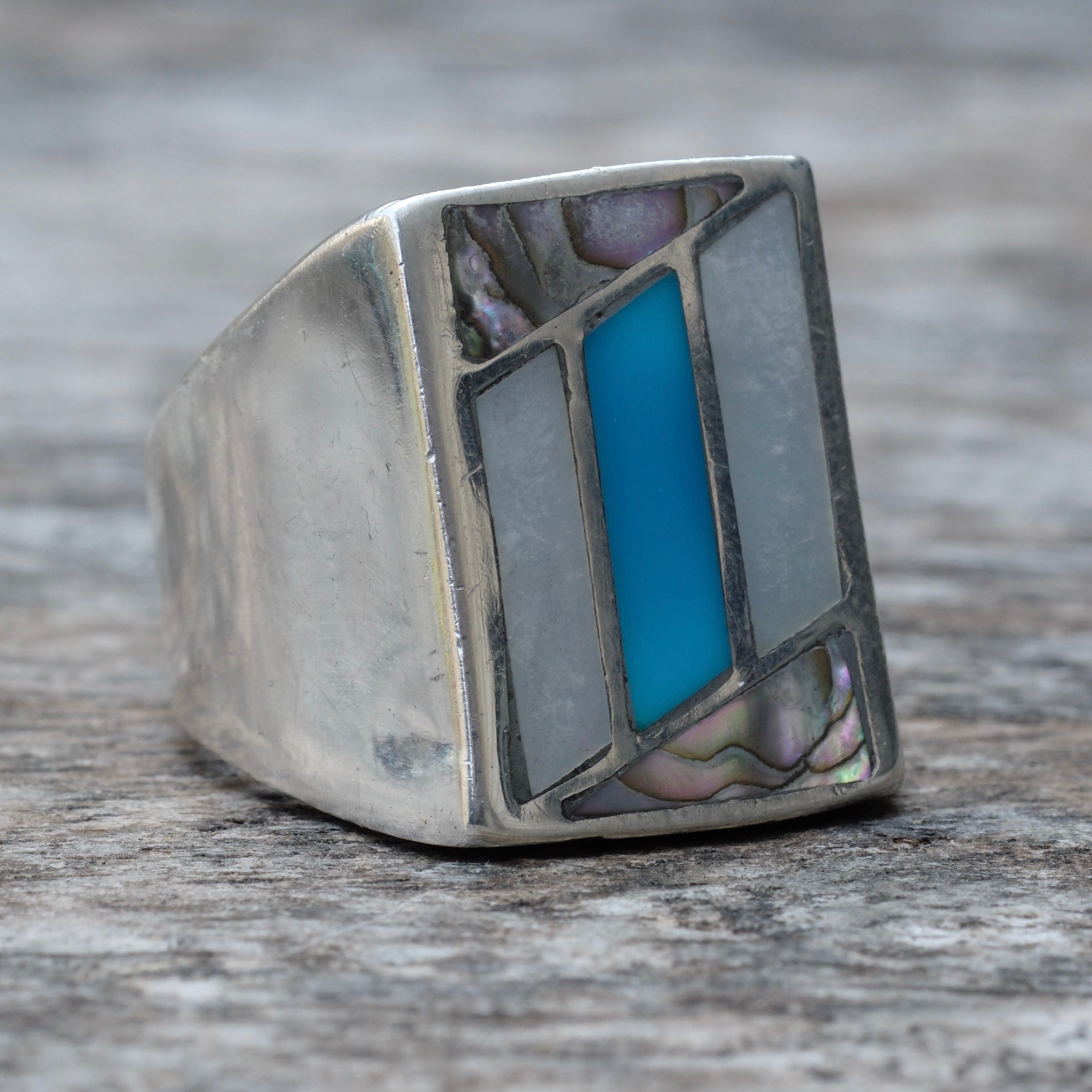 Vintage Sterling Mother Of Pearl Abalone and Turquoise Inlay Ring 11