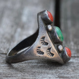 Vintage Sterling Turquoise And Coral Old Pawn Ring 10