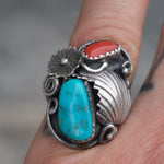 Vintage Sterling Turquoise and Coral Feather Ring 7.5