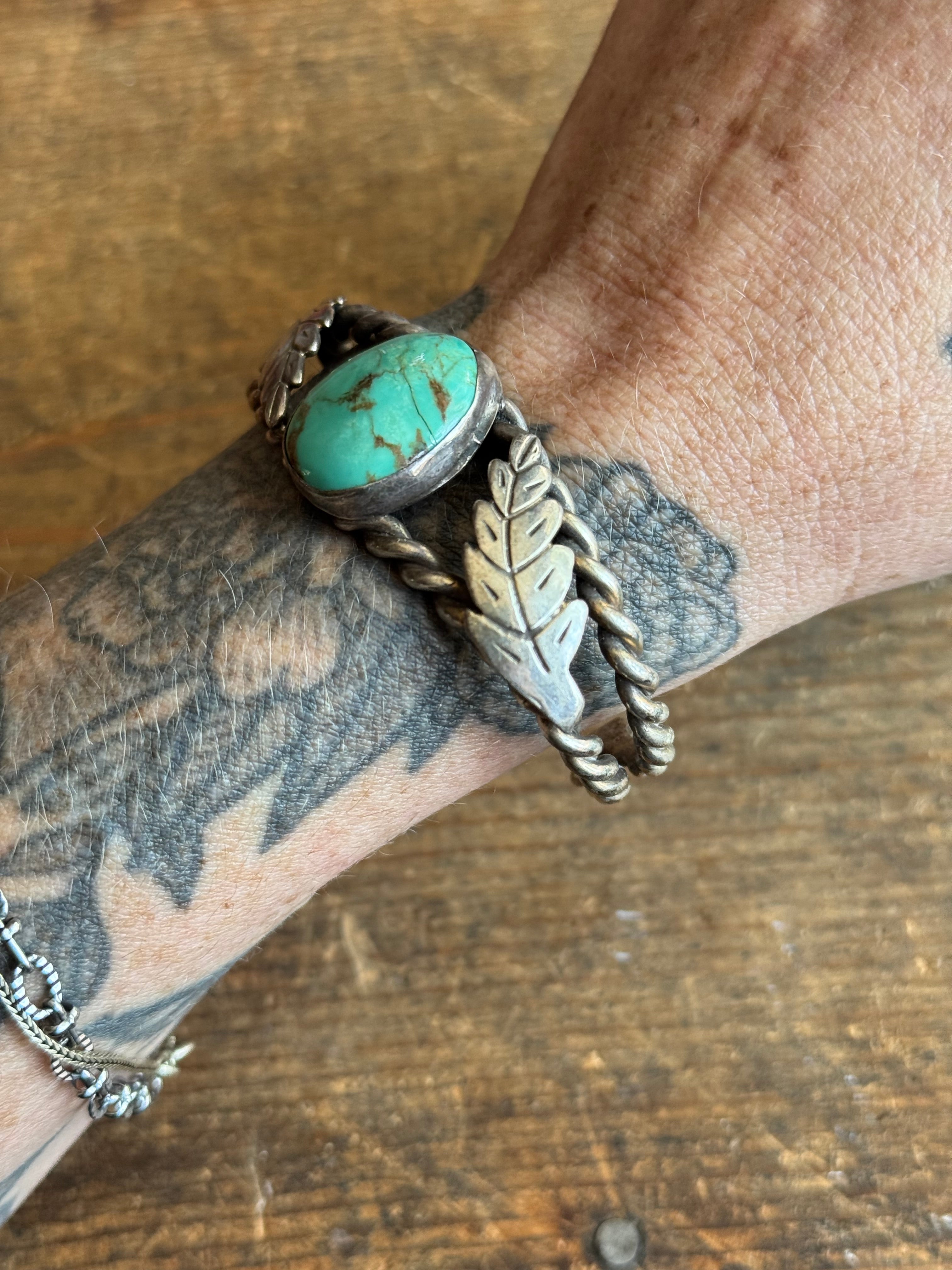 Vintage Sterling Silver Turquoise Leaf Cuff