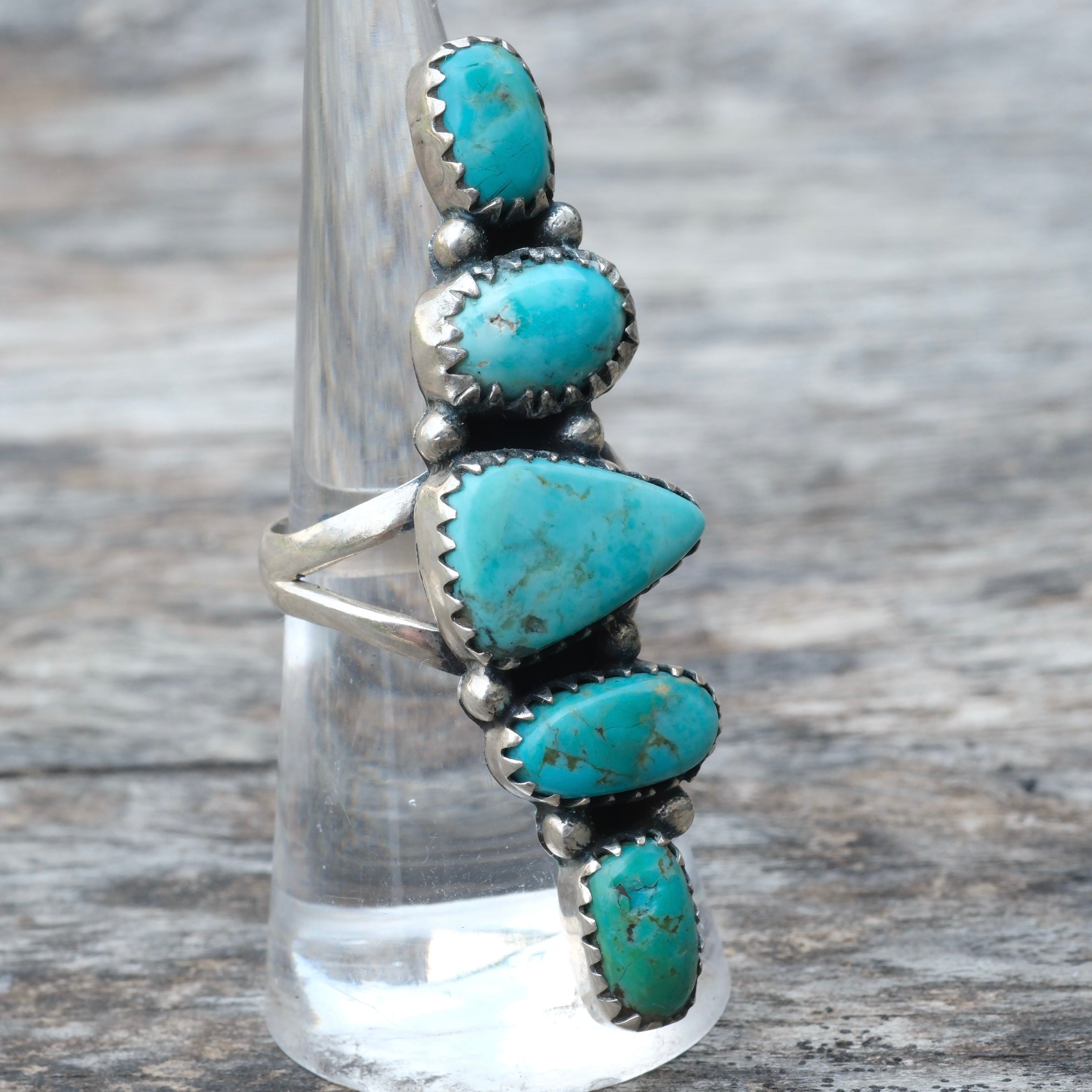 Huge Vintage Sterling 5-Stone Turquoise Ring 7.5