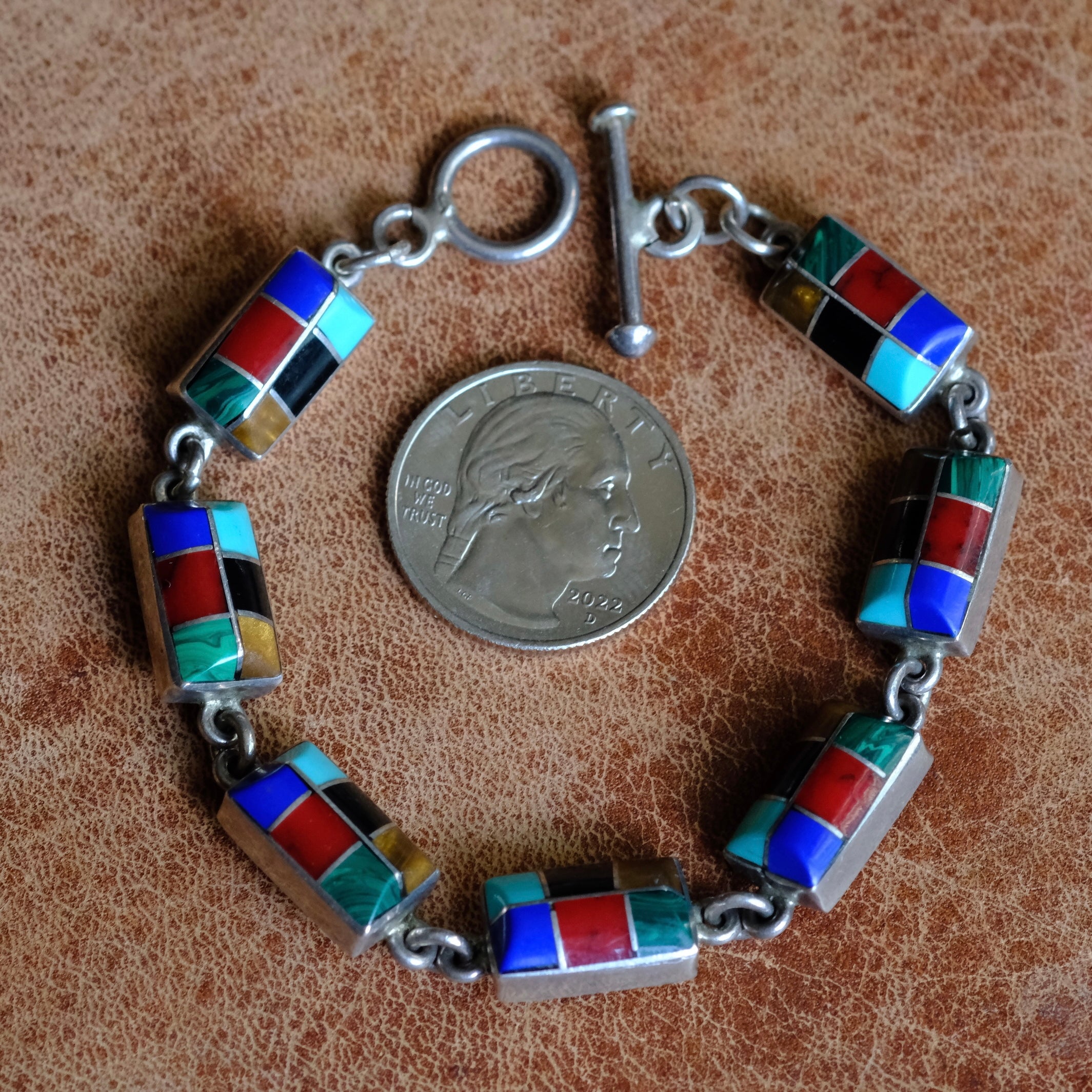 Vintage Sterling Multistone Inlay Link Bracelet