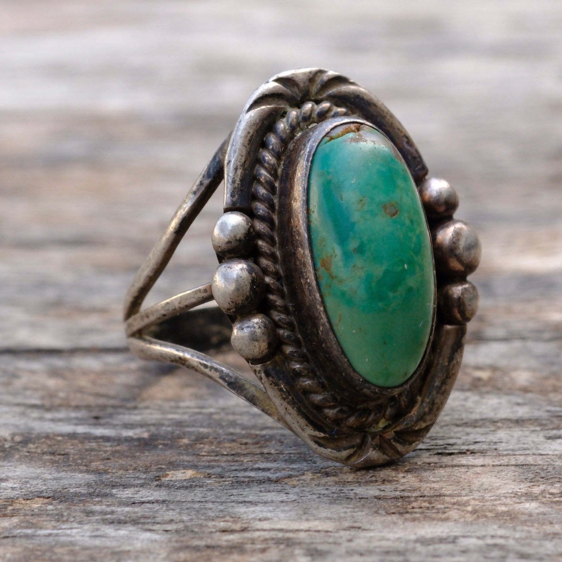 Vintage Sterling Turquoise Roper Ring 7