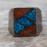 Vintage Sterling Crushed Turquoise and Coral Inlay Ring 10