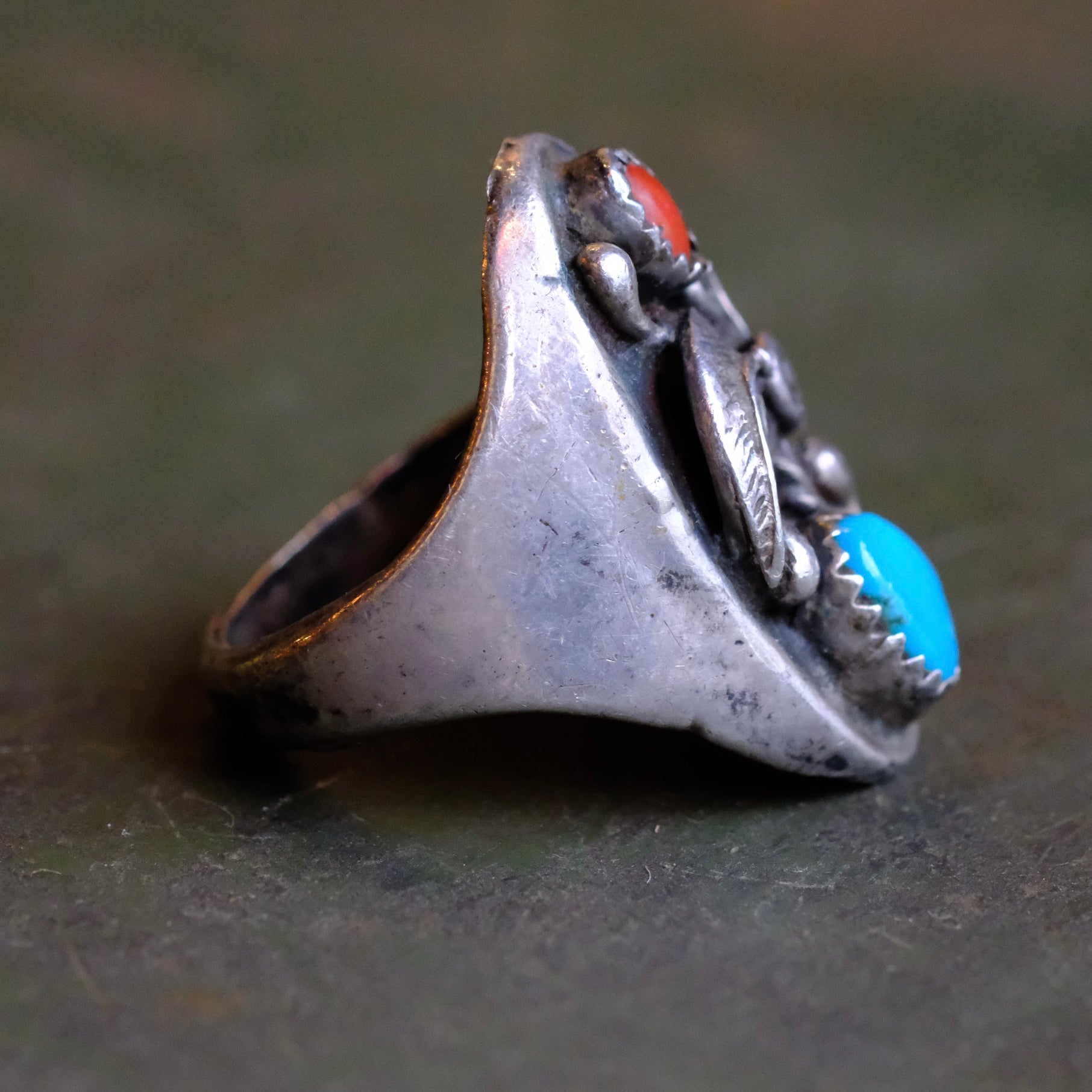 Vintage Sterling Turquoise and Coral Feather Ring 8