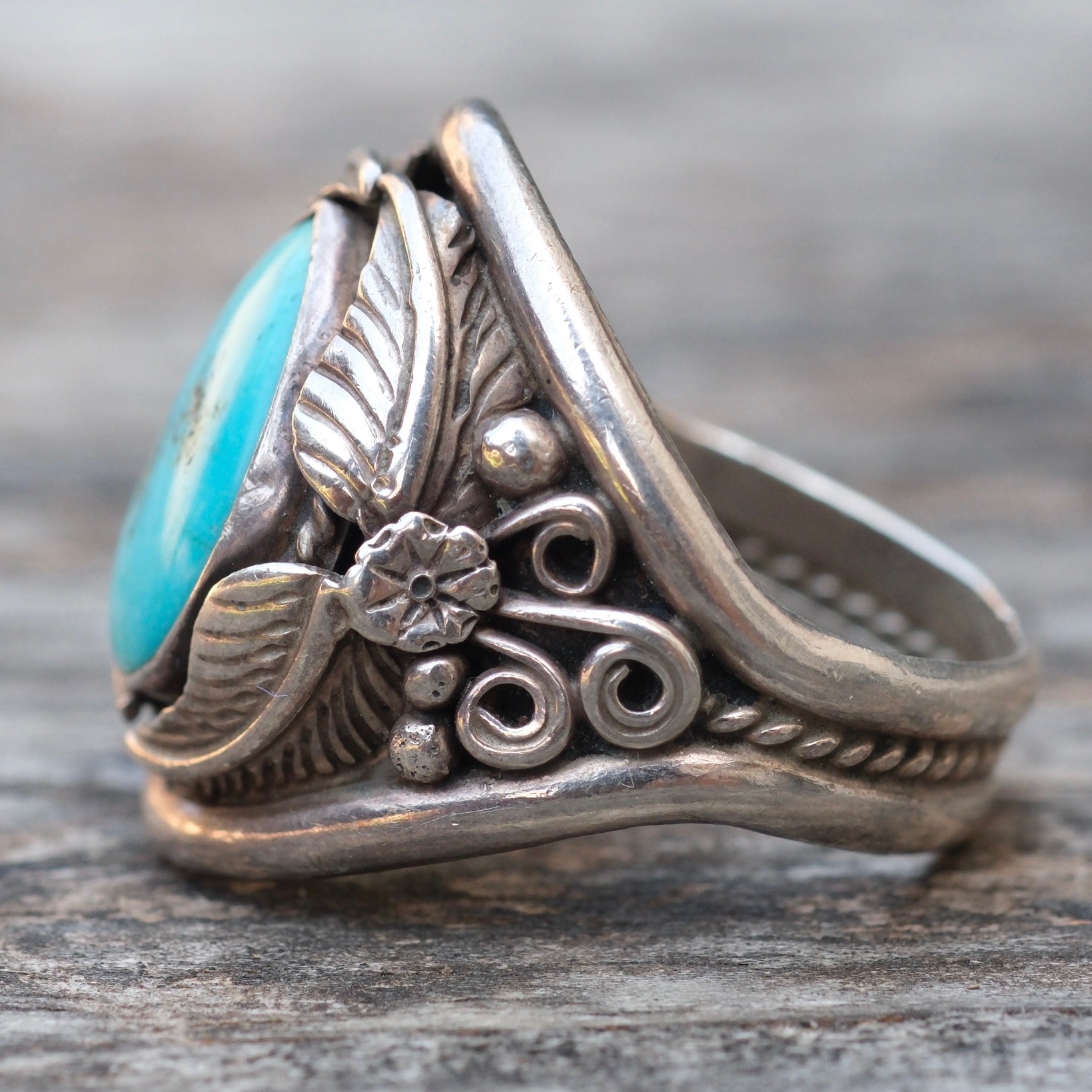 Vintage Sterling Turquoise Feather Ring 11