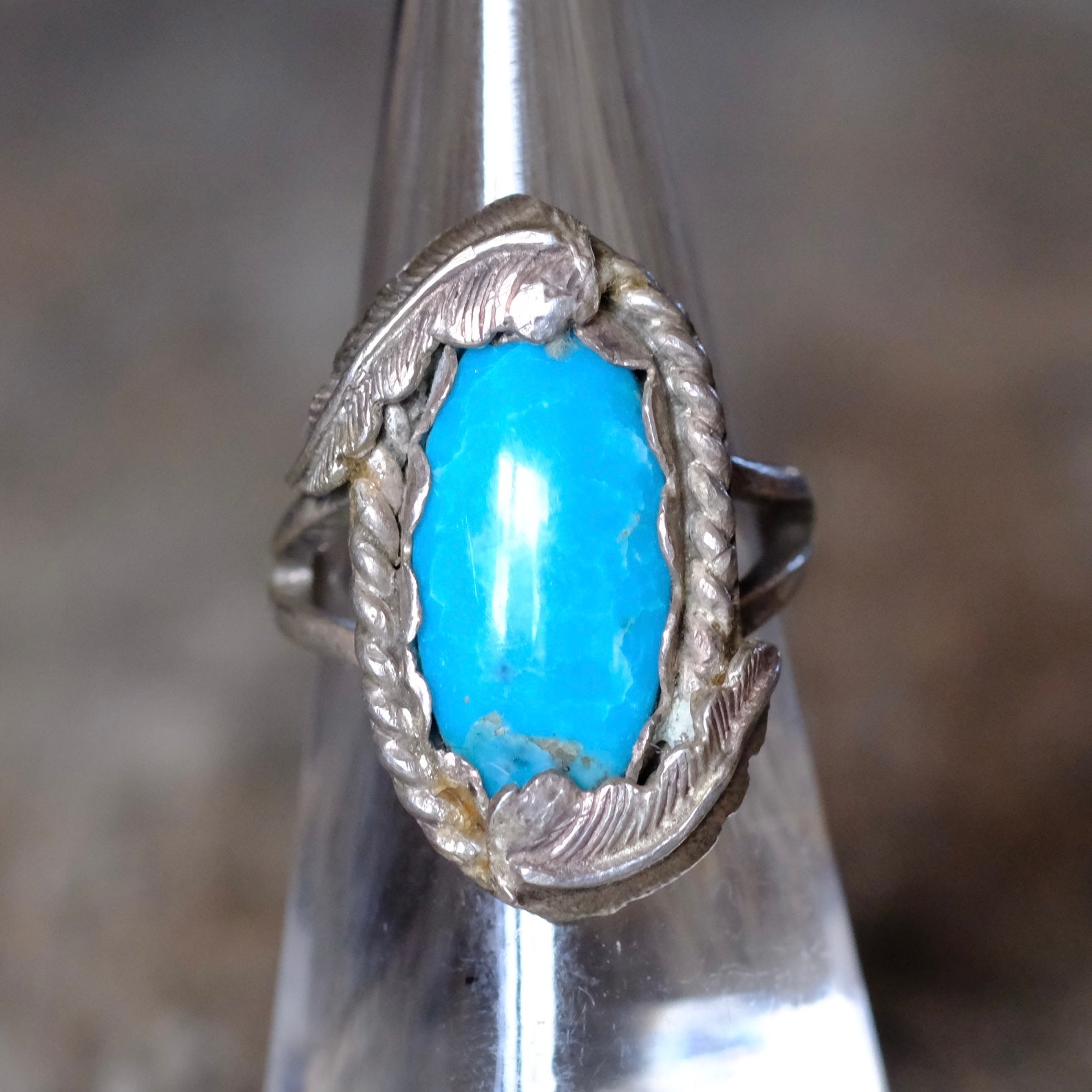 Vintage Sterling Turquoise Feather Ring 5.5