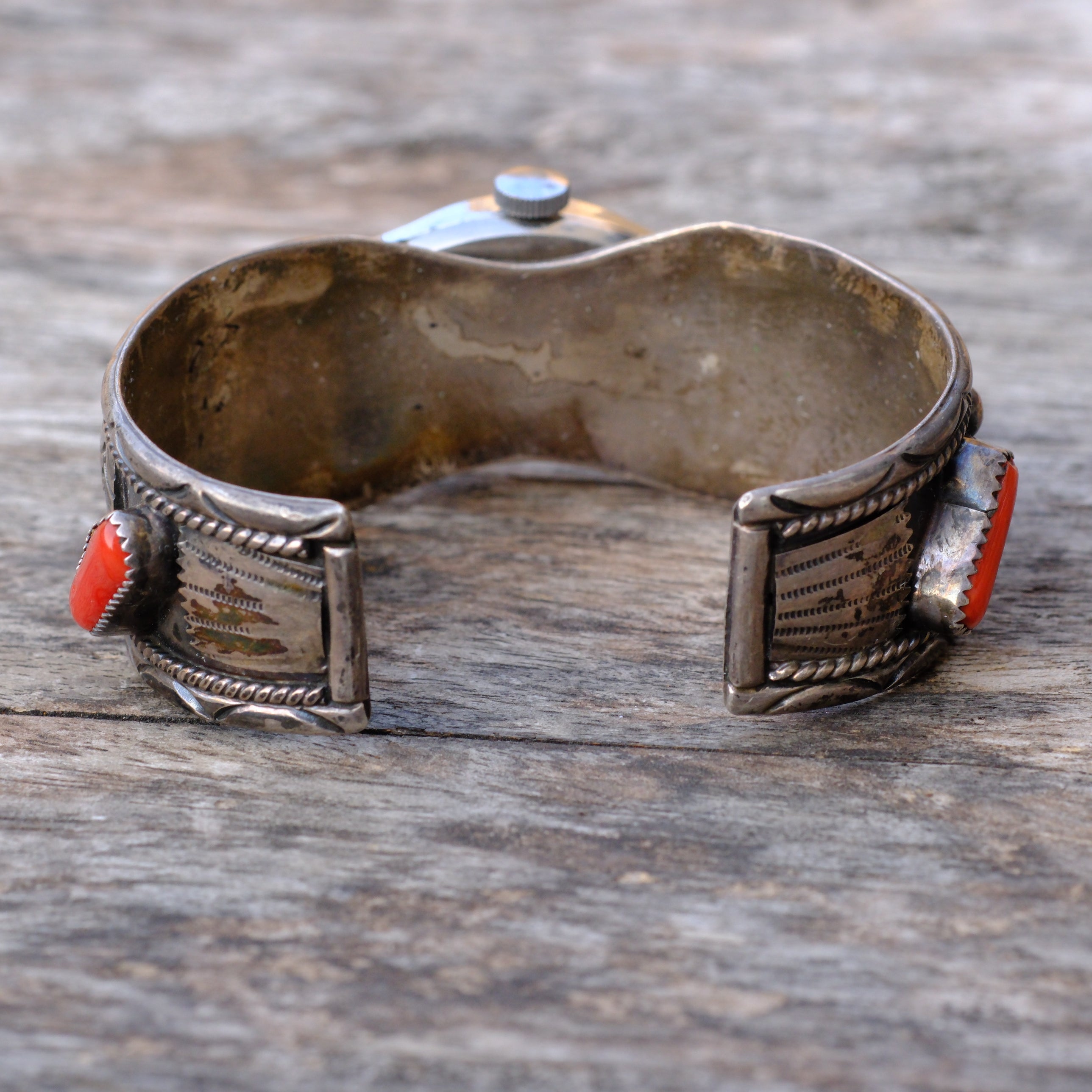 Vintage Sterling Turquoise and Coral Cuff Watch Cuff Bracelet
