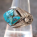 Vintage Sterling Turquoise Inlay Feather Ring 11.75