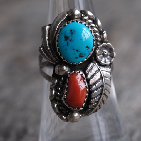 Vintage Sterling Turquoise and Coral Feather Ring 6.75