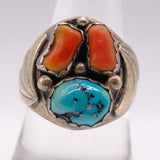 Vintage Sterling Turquoise and Coral Ring 9.75