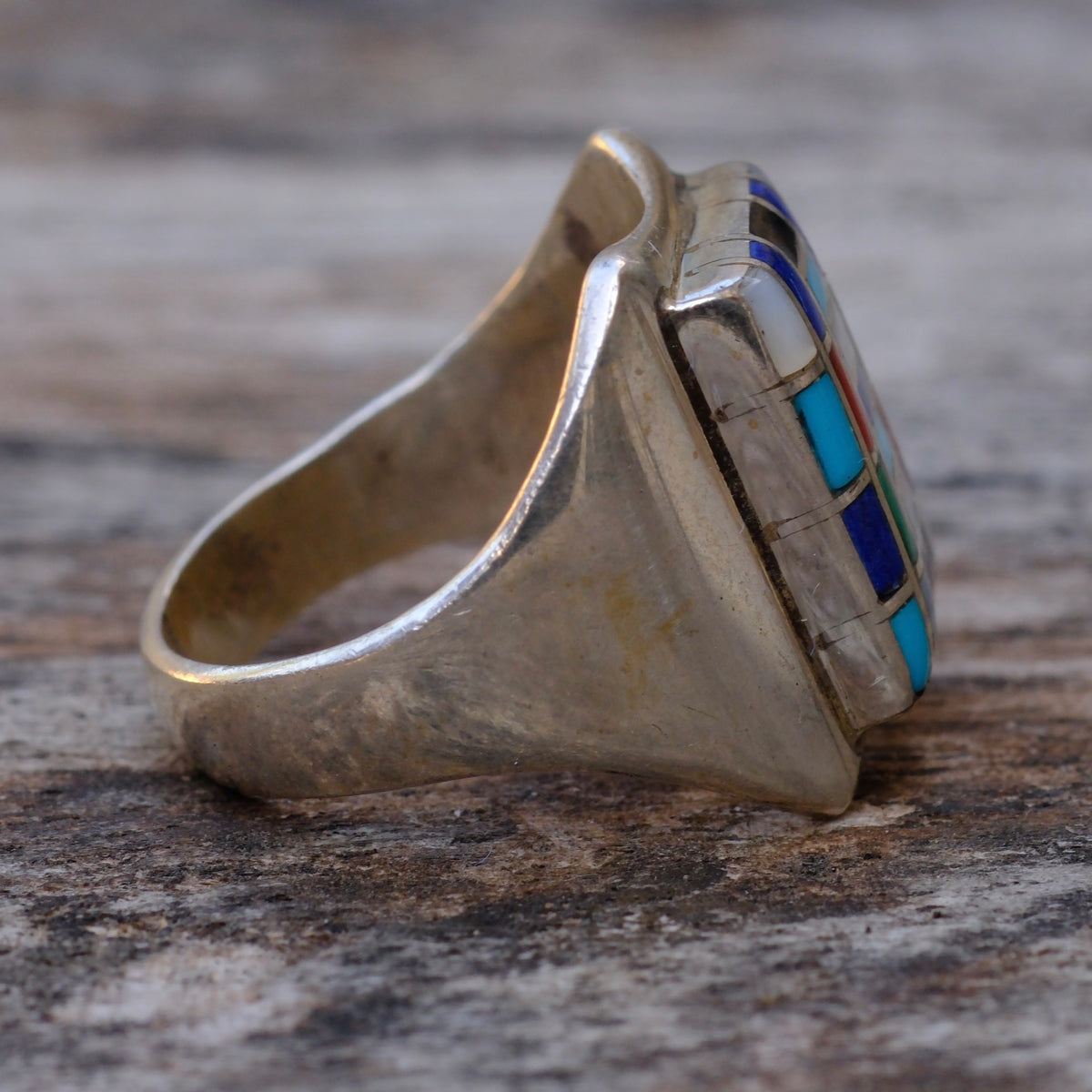 Vintage Sterling Multi Stone Inlay Panel Ring 8.75