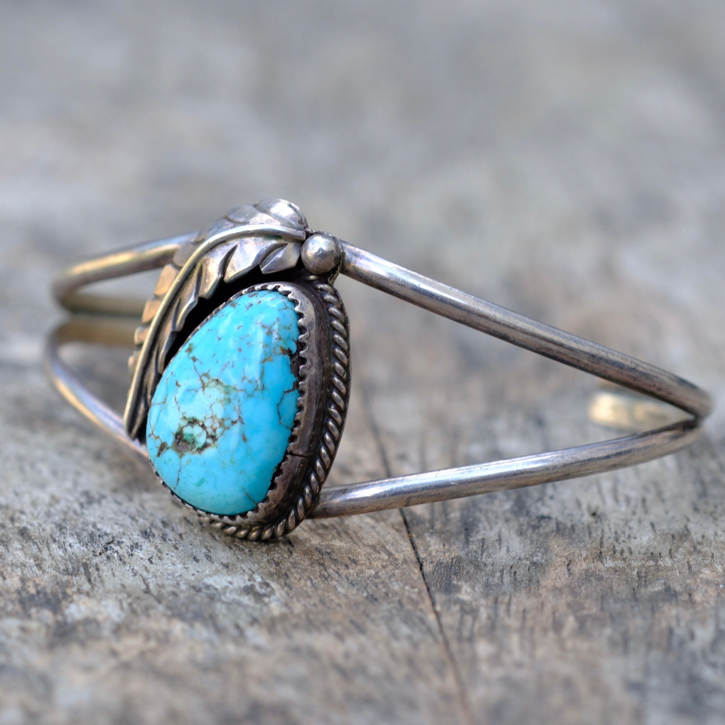 Vintage Sterling Turquoise Feather Cuff Bracelet