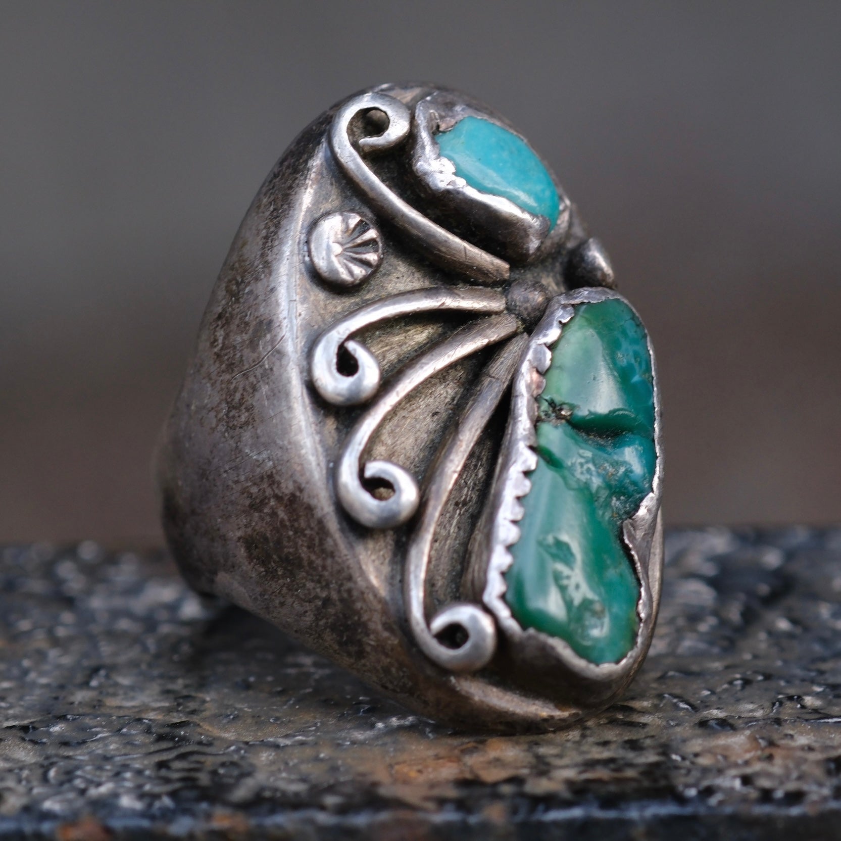 Vintage Sterling 2-Stone Turquoise Ring 9.25