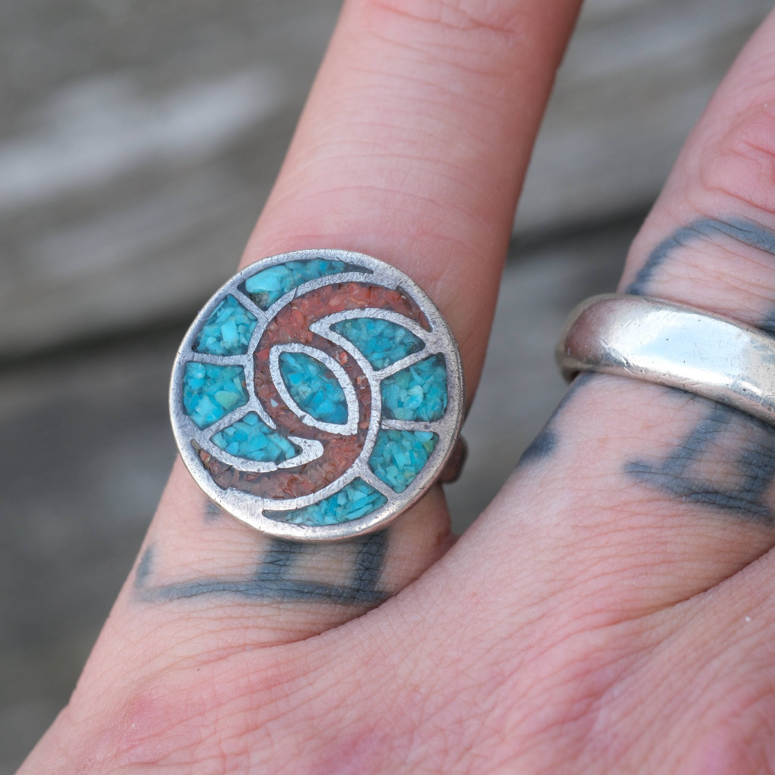 Vintage Sterling Turquoise and Coral Inlay Ring 4.75