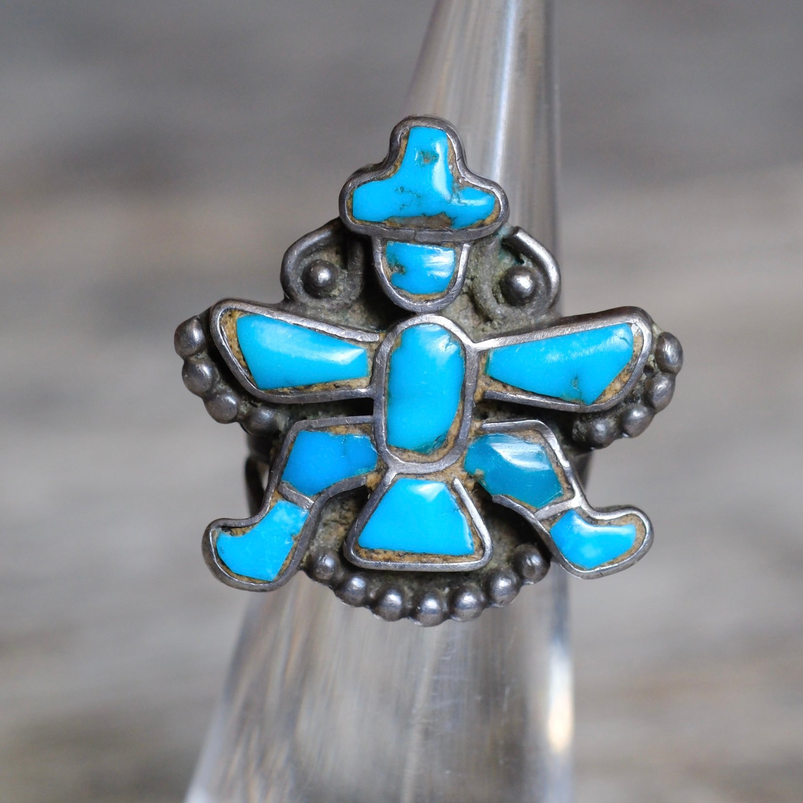 Vintage Sterling Turquoise Kachina Inlay Ring 2.75