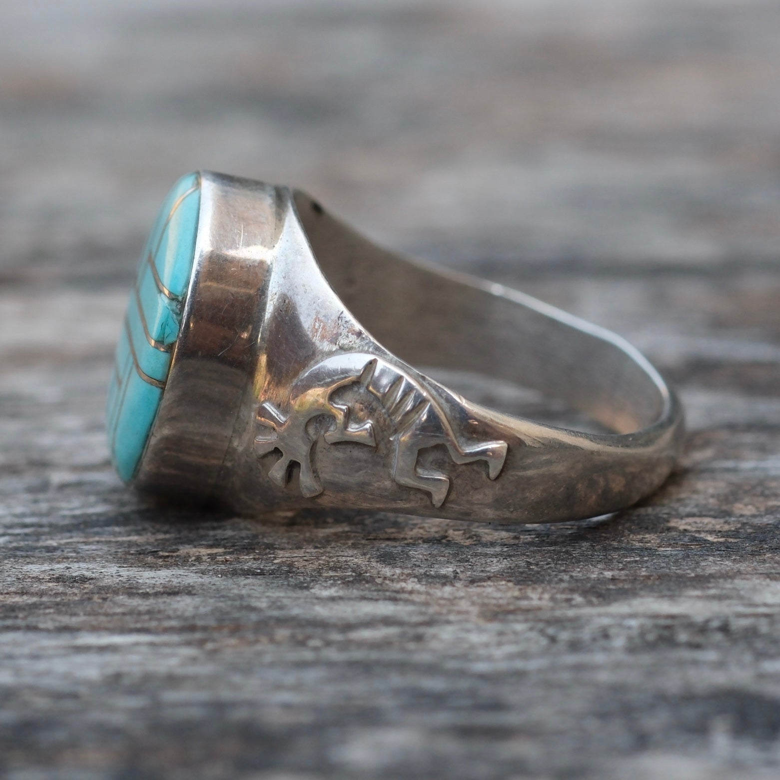 Vintage Sterling Turquoise Inlay Kokopelli Ring 8.75