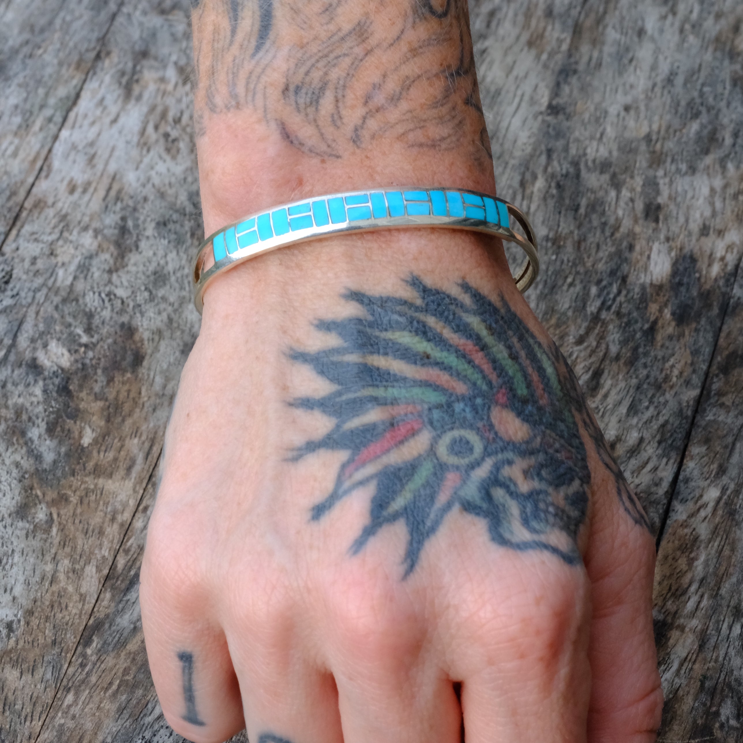 Vintage Sterling Silver Turquoise Inlay Cuff Bracelet
