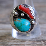 Vintage Sterling Turquoise and Coral Stamped Band Ring 12.5